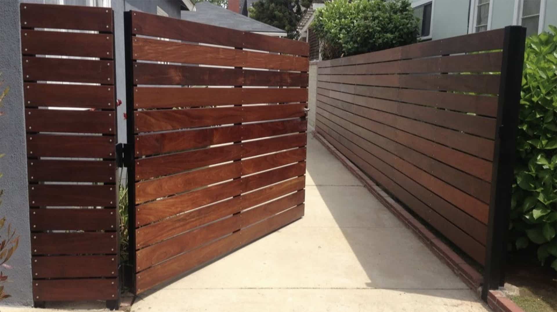 Mahogany horizontal slat driveway gate